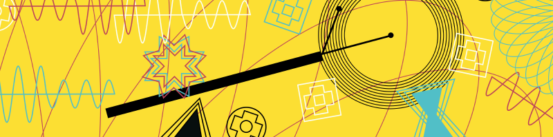 drawings of sine waves, contact mics, and various electroncis related patterns in bright colours on a yellow background.